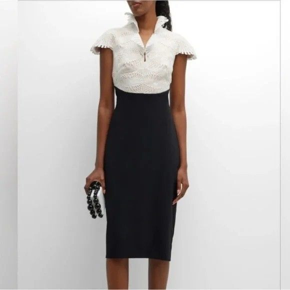 NEW Tadashi Shoji Black Ivory Two-Tone Lace Crepe Sheath Midi Dress Size 12 $468 - Picture 1 of 16